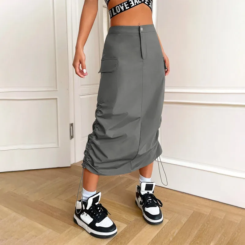 Flap Pocket Drawstring Waist Cargo Skirt