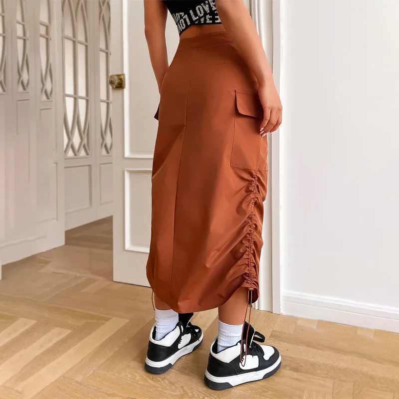Flap Pocket Drawstring Waist Cargo Skirt