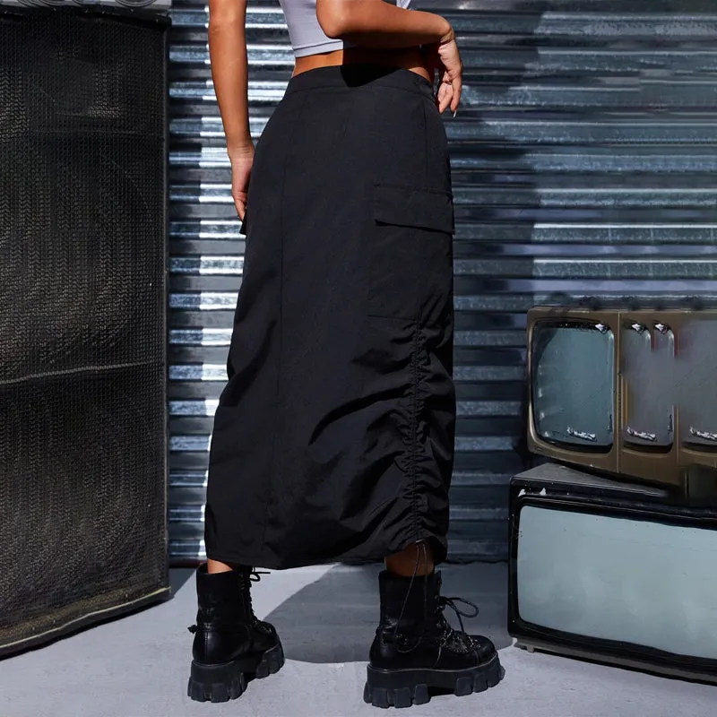 Flap Pocket Drawstring Waist Cargo Skirt