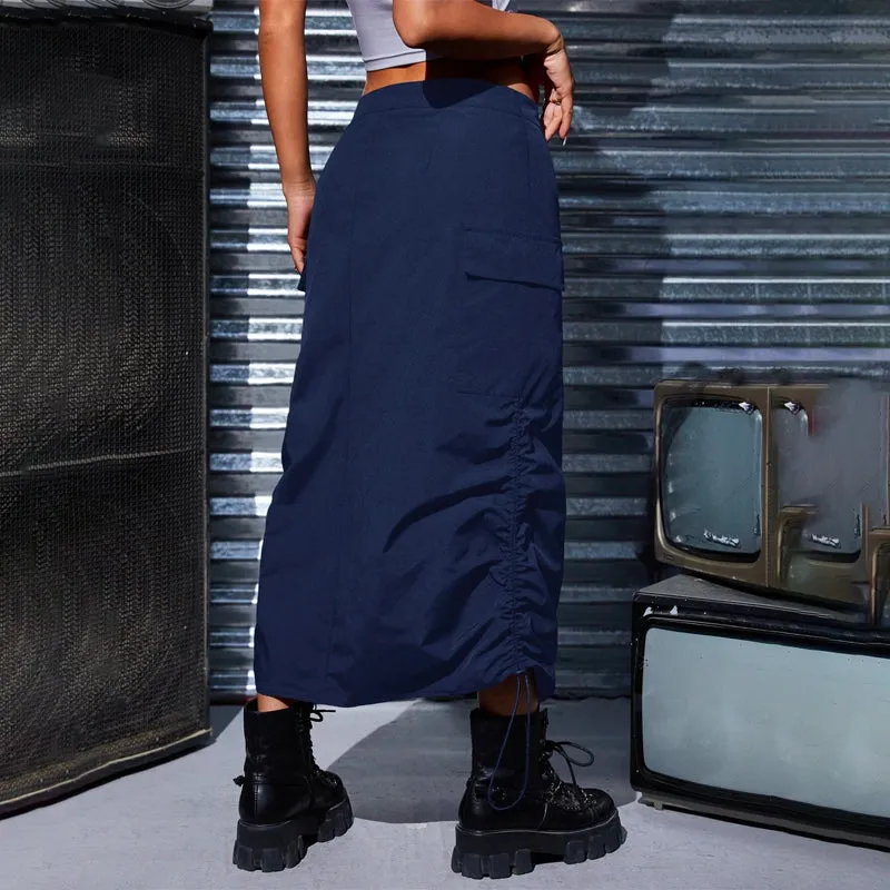 Flap Pocket Drawstring Waist Cargo Skirt