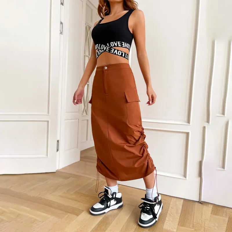 Flap Pocket Drawstring Waist Cargo Skirt