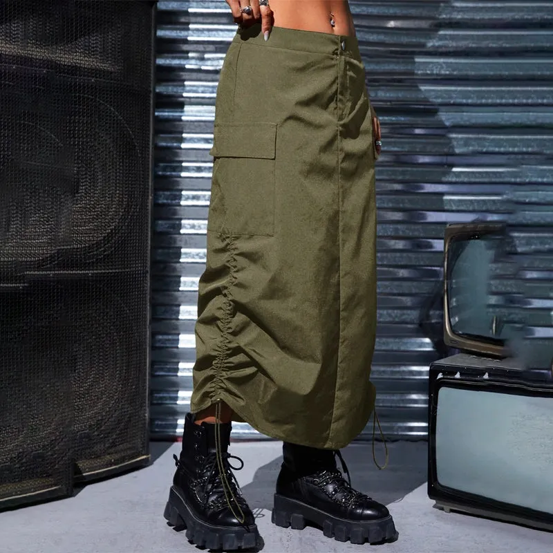 Flap Pocket Drawstring Waist Cargo Skirt