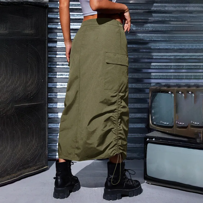 Flap Pocket Drawstring Waist Cargo Skirt