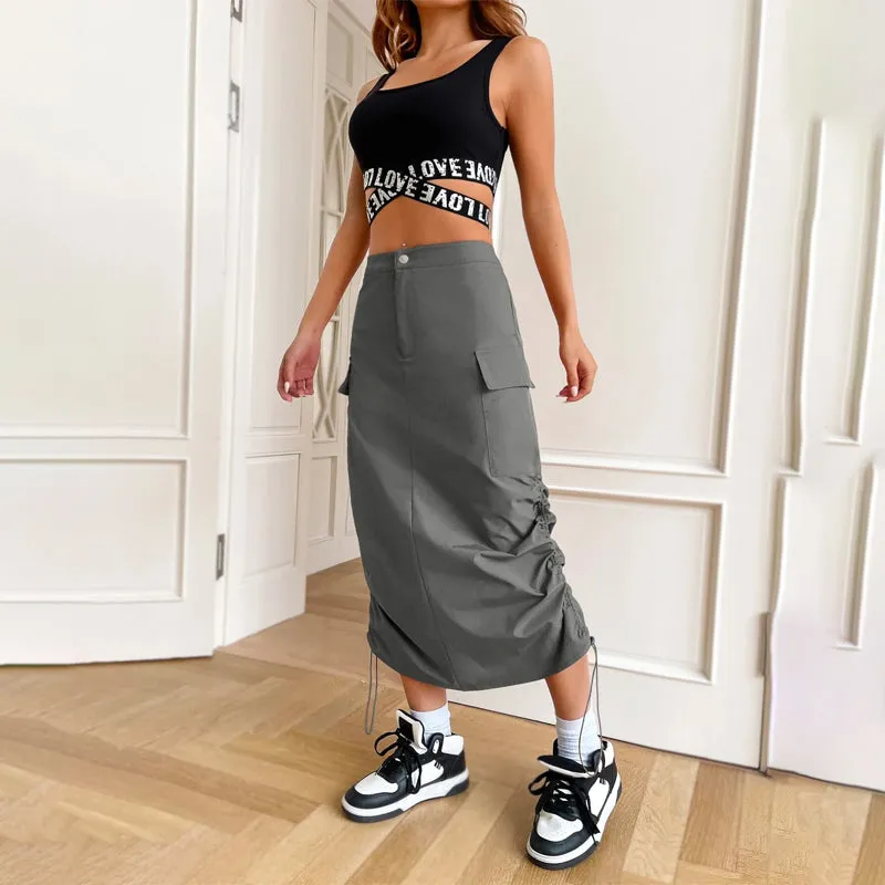 Flap Pocket Drawstring Waist Cargo Skirt