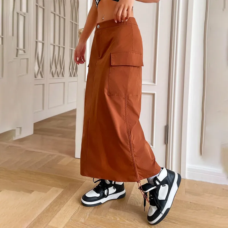 Flap Pocket Drawstring Waist Cargo Skirt