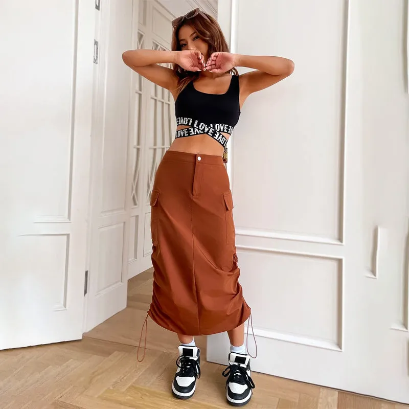 Flap Pocket Drawstring Waist Cargo Skirt