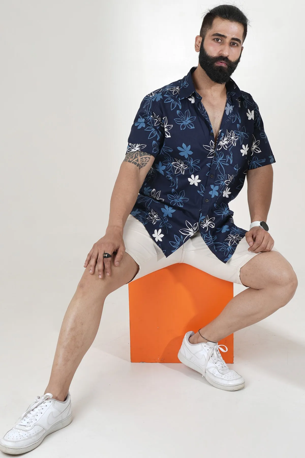 Flowers Print Blue Cotton Shirt, Half Sleeves | Style Matters