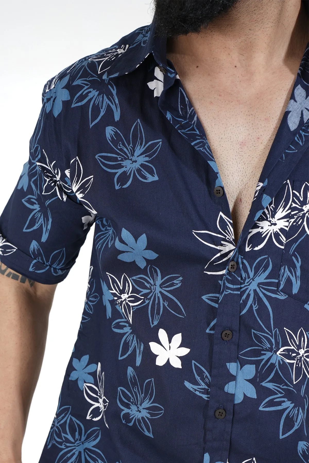 Flowers Print Blue Cotton Shirt, Half Sleeves | Style Matters