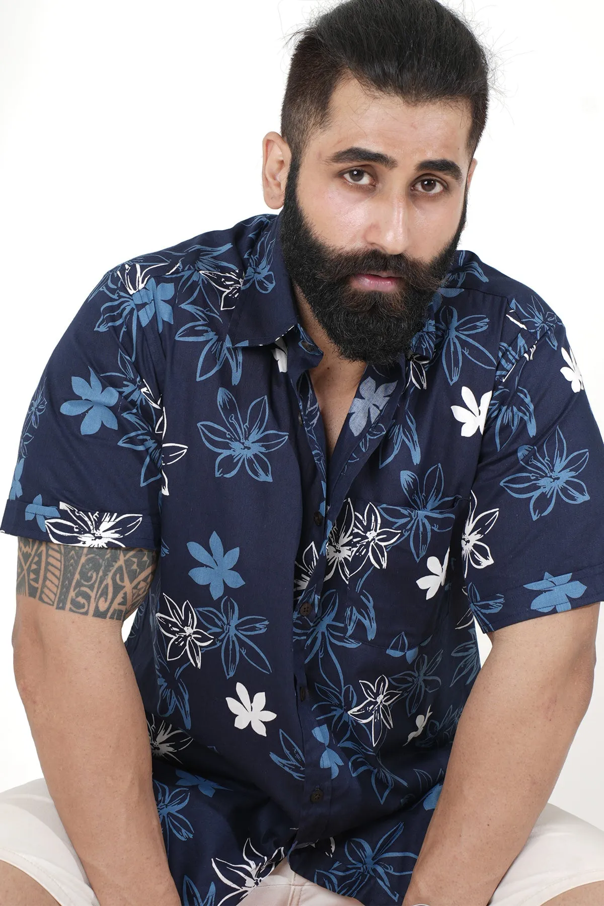 Flowers Print Blue Cotton Shirt, Half Sleeves | Style Matters