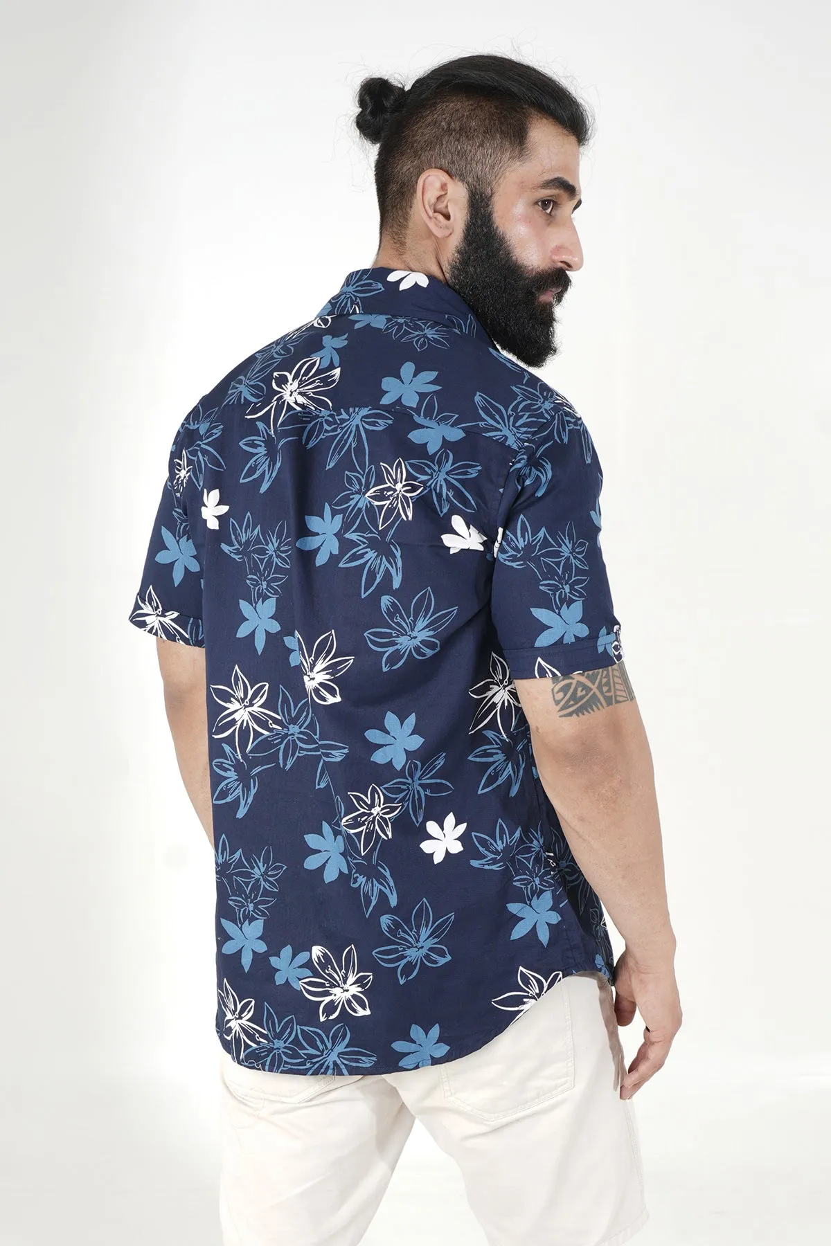 Flowers Print Blue Cotton Shirt, Half Sleeves | Style Matters