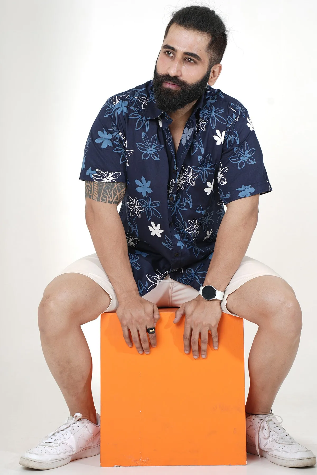 Flowers Print Blue Cotton Shirt, Half Sleeves | Style Matters