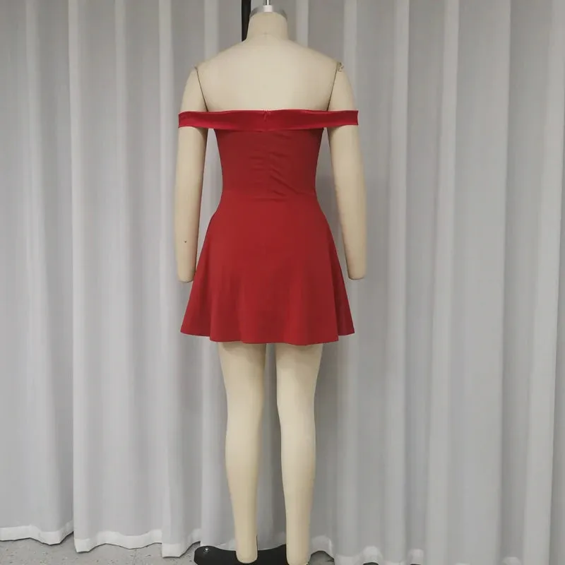 Girlary Mini Dress Women Elegant Chic Solid Off Shoulder Sleeveless Nipped Wiast Slim Evening Party Club Dresses Short Dresses