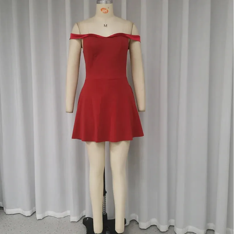 Girlary Mini Dress Women Elegant Chic Solid Off Shoulder Sleeveless Nipped Wiast Slim Evening Party Club Dresses Short Dresses