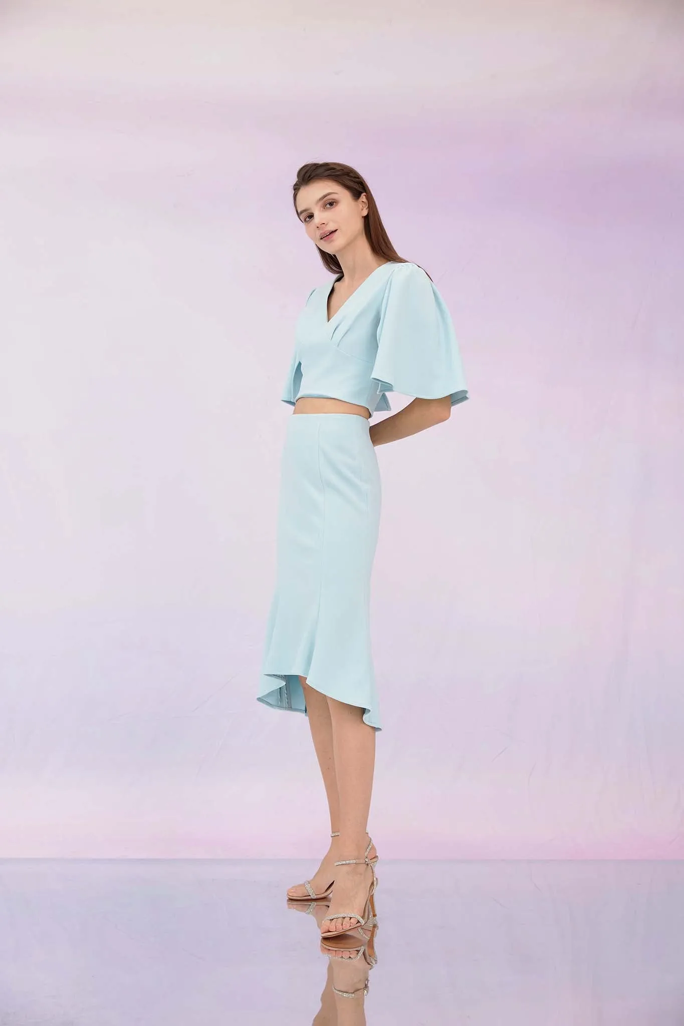 Glenne Blue Flare Sleeve Top