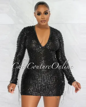 Glory Black Sequin Pearls Chain Sleeves Fringe Mini Dress