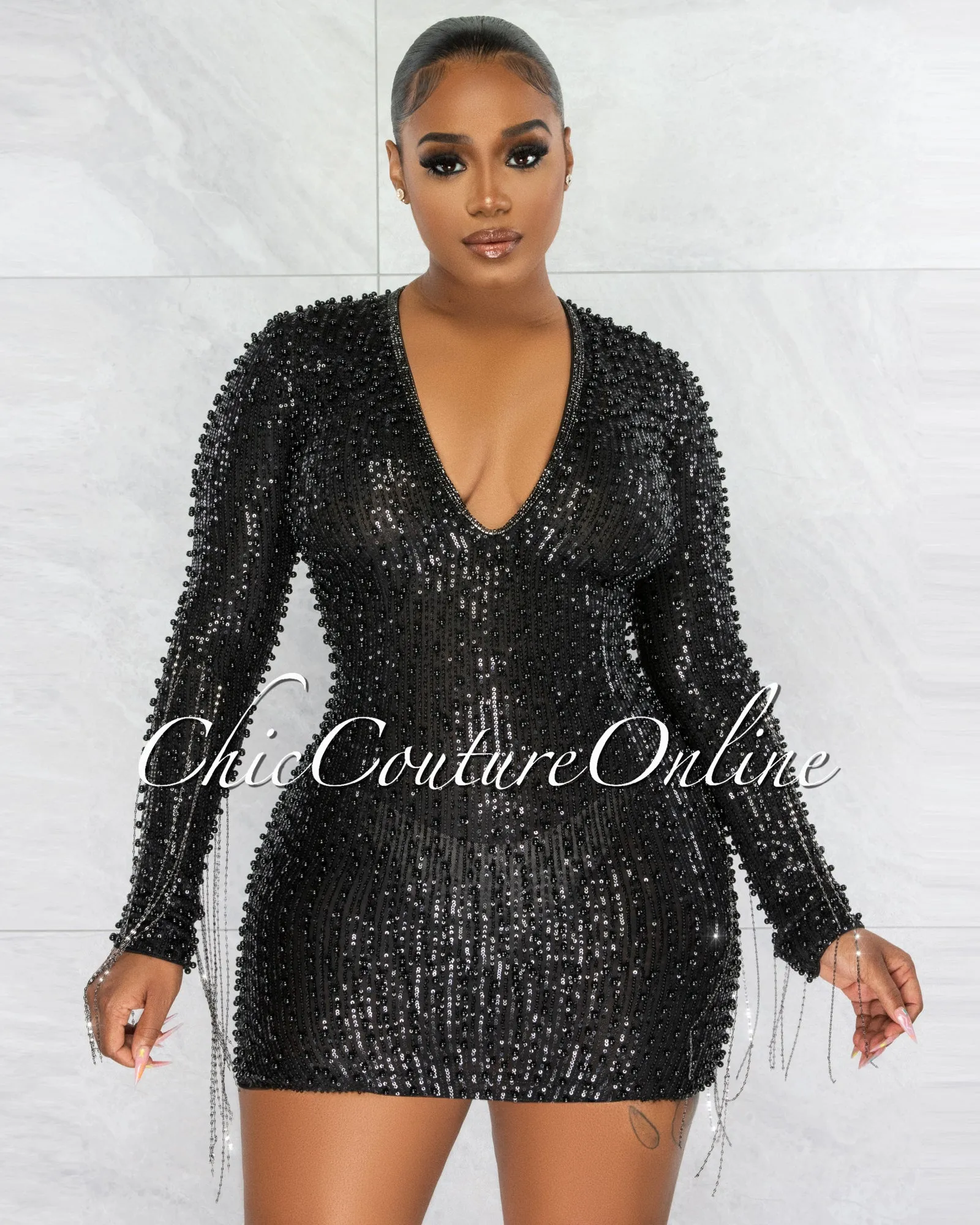 Glory Black Sequin Pearls Chain Sleeves Fringe Mini Dress