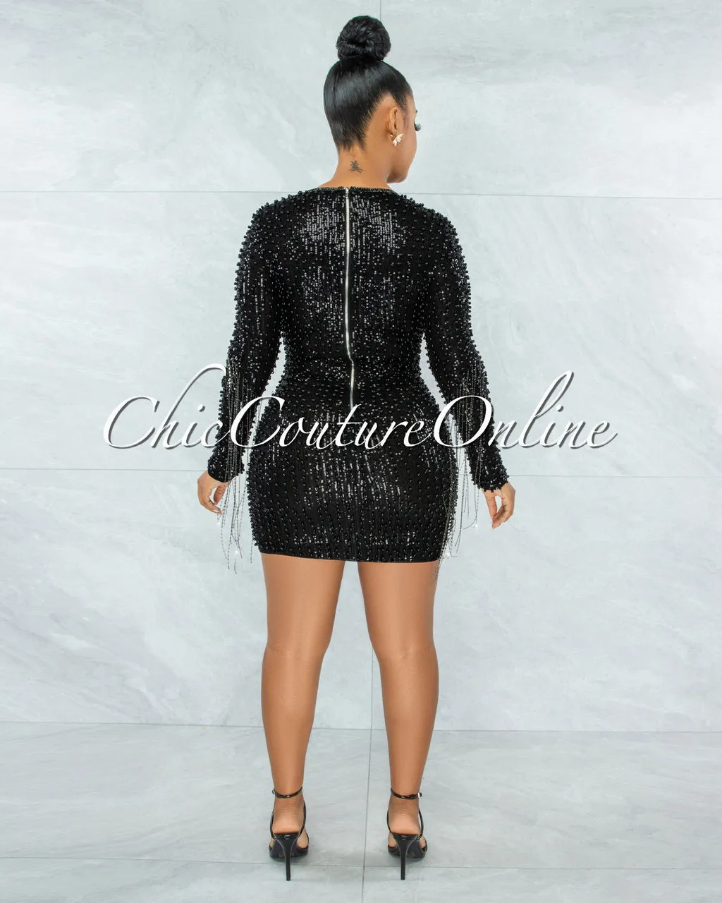 Glory Black Sequin Pearls Chain Sleeves Fringe Mini Dress