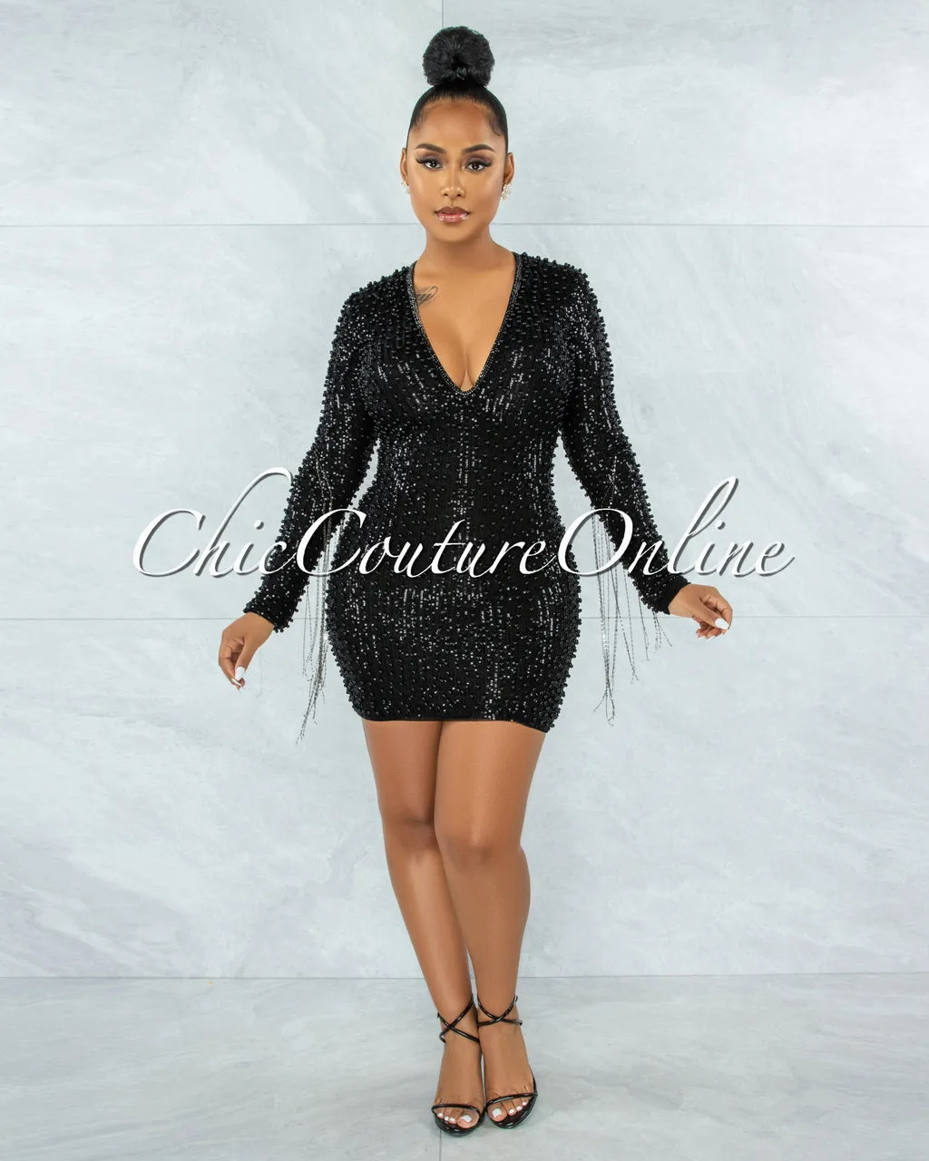 Glory Black Sequin Pearls Chain Sleeves Fringe Mini Dress
