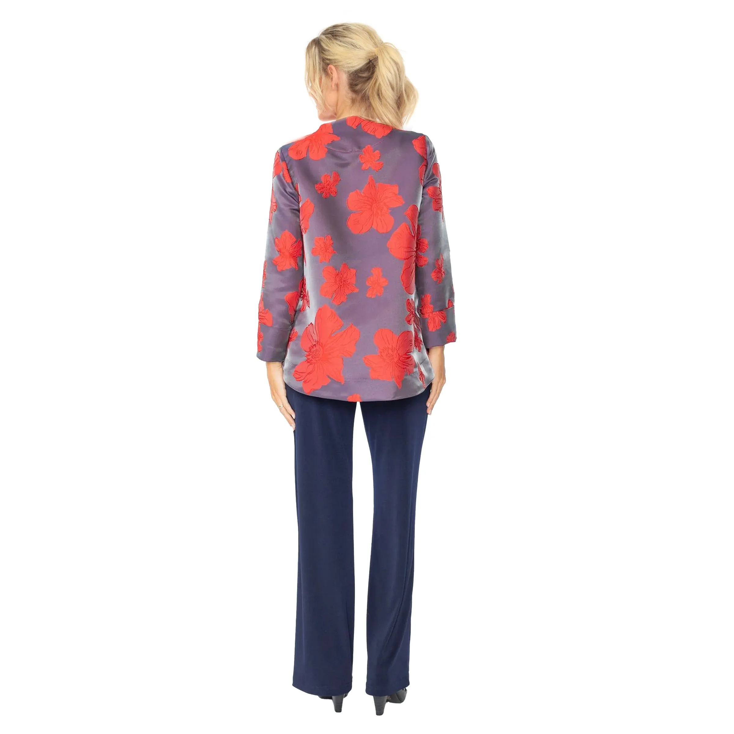 IC Collection Blossom Jacquard Asymmetric Jacket in Red - 4758J-RD