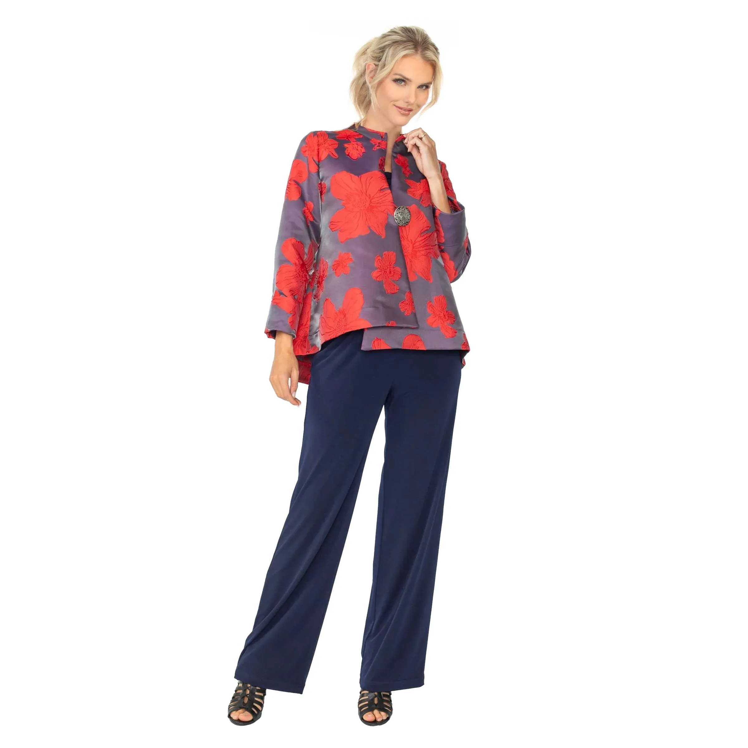 IC Collection Blossom Jacquard Asymmetric Jacket in Red - 4758J-RD