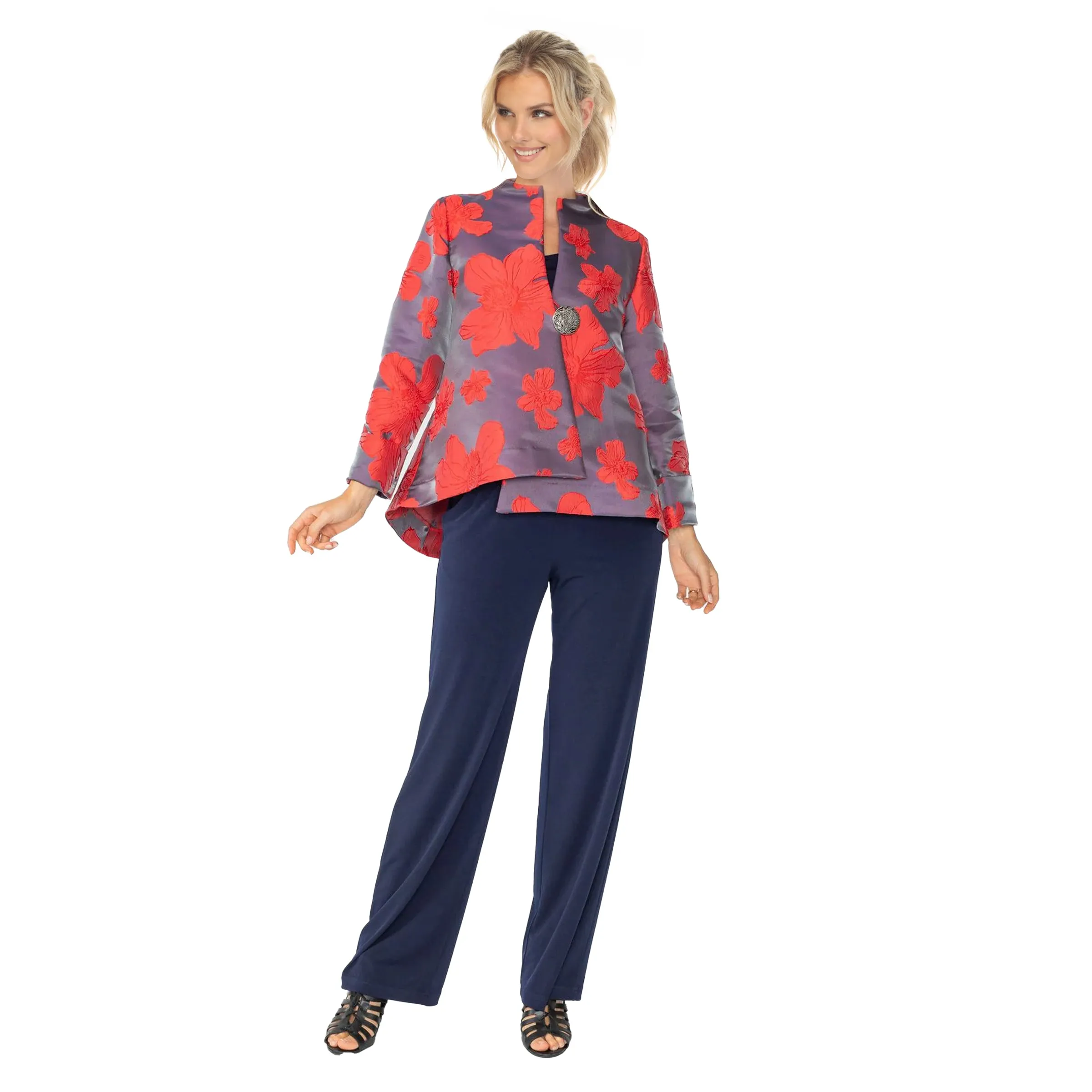 IC Collection Blossom Jacquard Asymmetric Jacket in Red - 4758J-RD