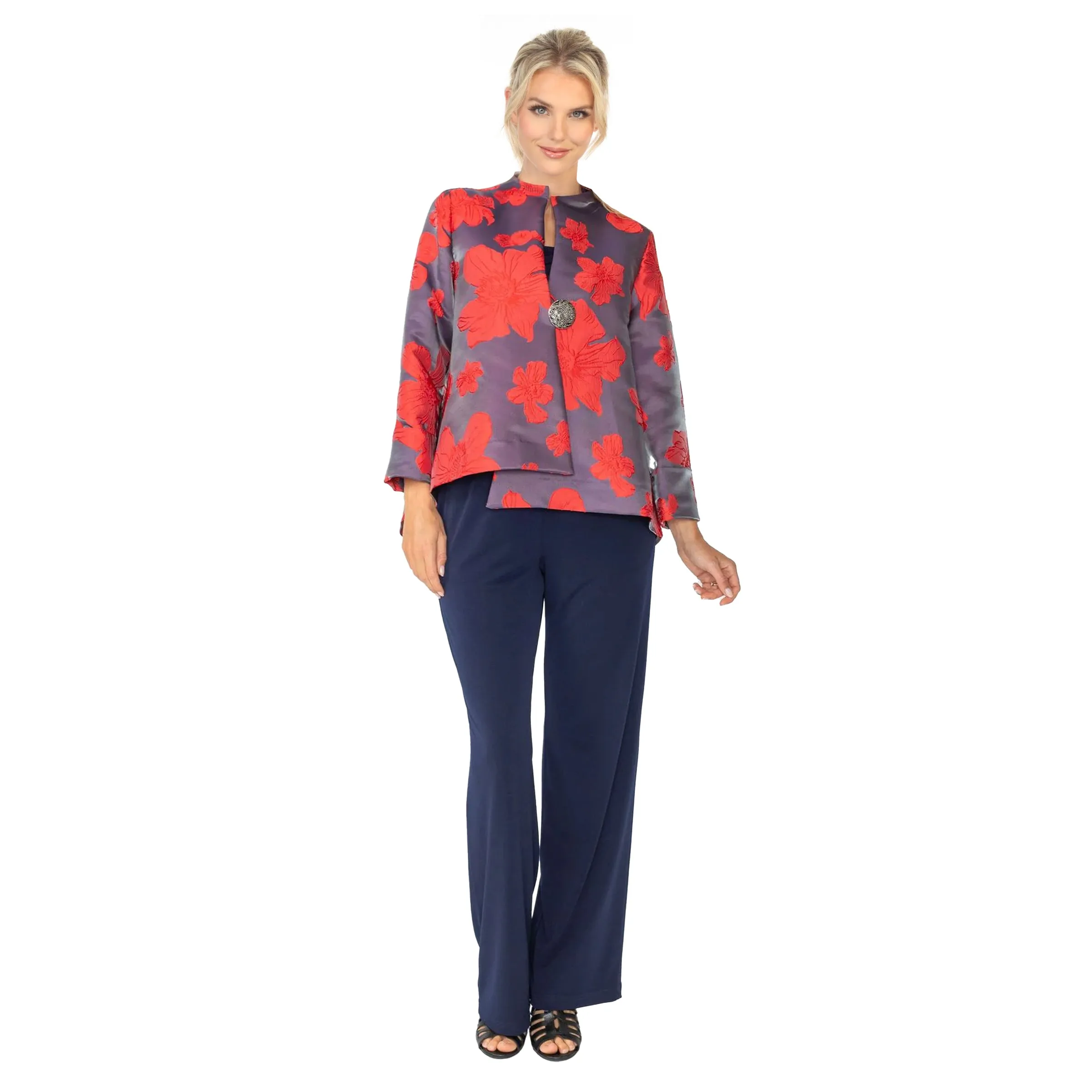 IC Collection Blossom Jacquard Asymmetric Jacket in Red - 4758J-RD