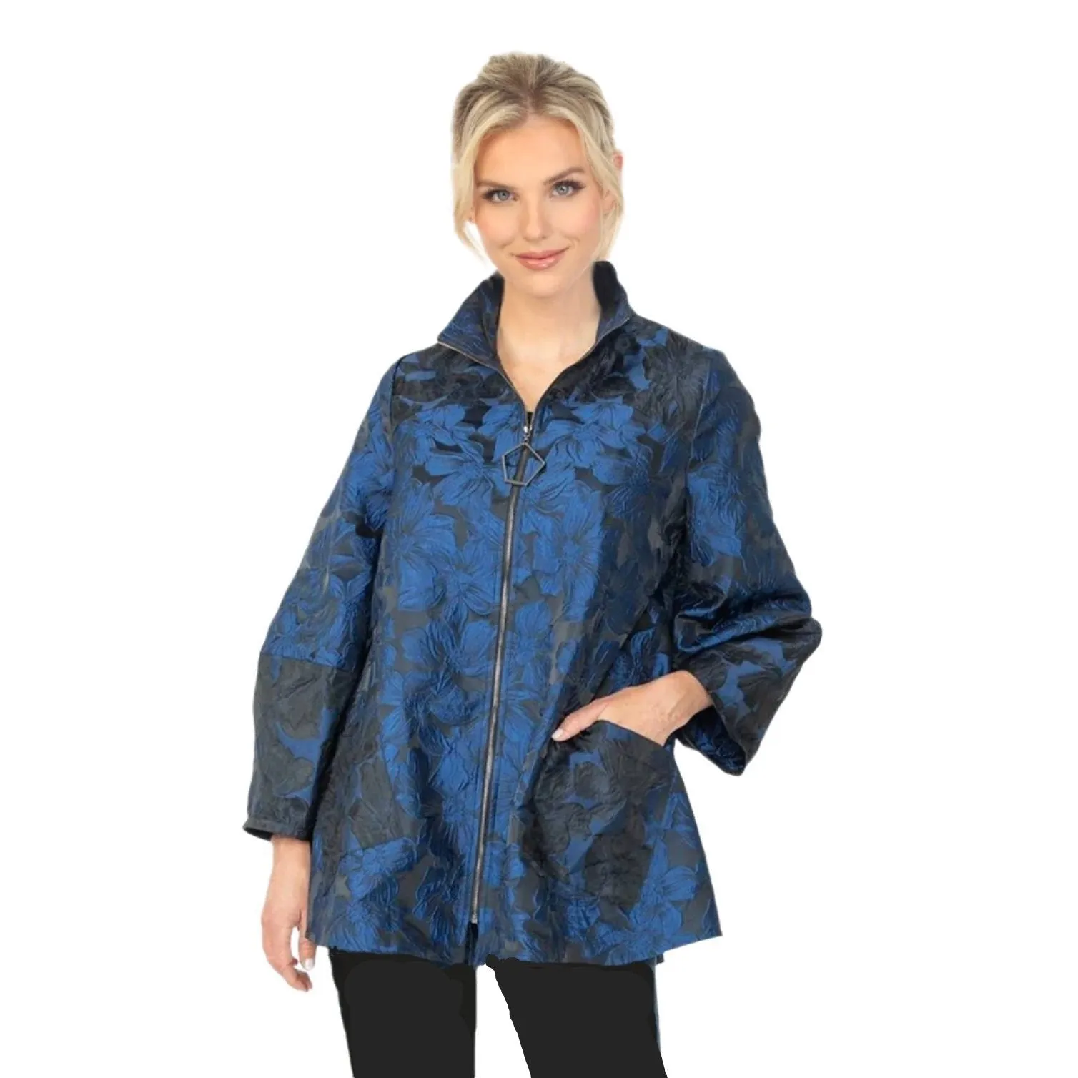 IC Collection Two-Tone Floral Jacquard Jacket in Blue - 6673J
