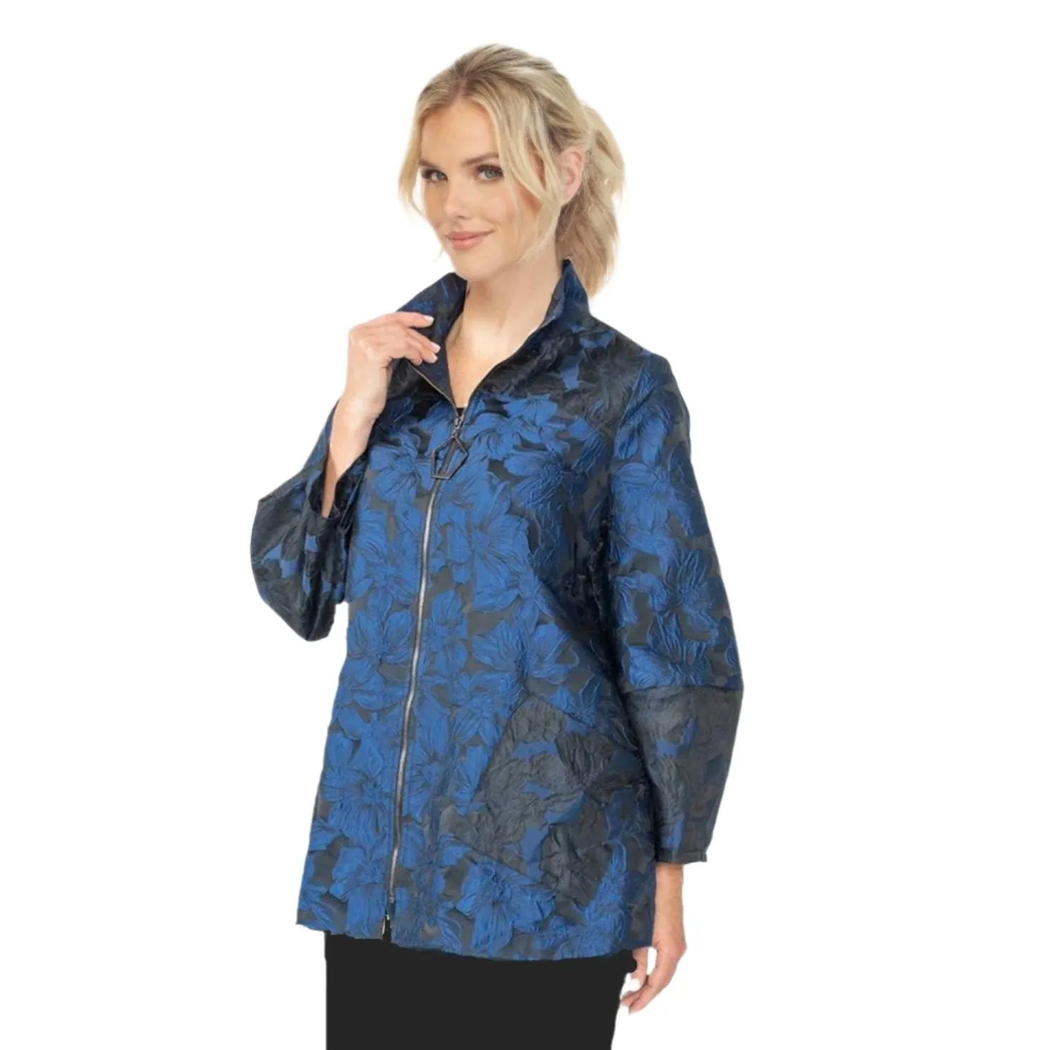 IC Collection Two-Tone Floral Jacquard Jacket in Blue - 6673J