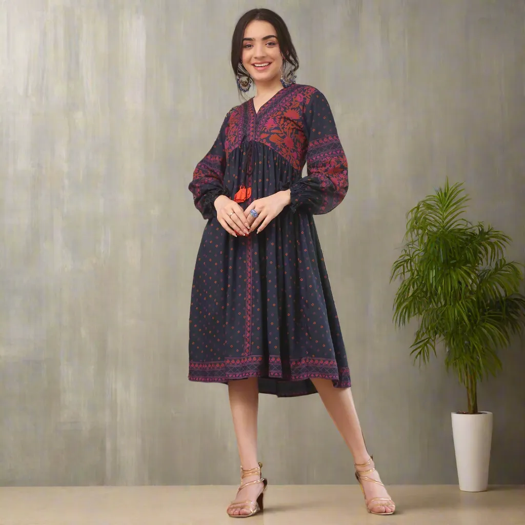 Indigo Printed V-Neck Dress