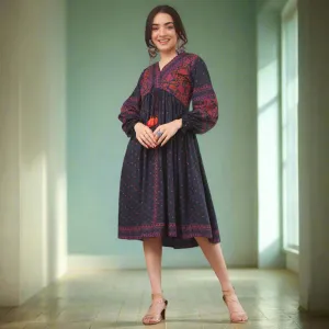 Indigo Printed V-Neck Dress