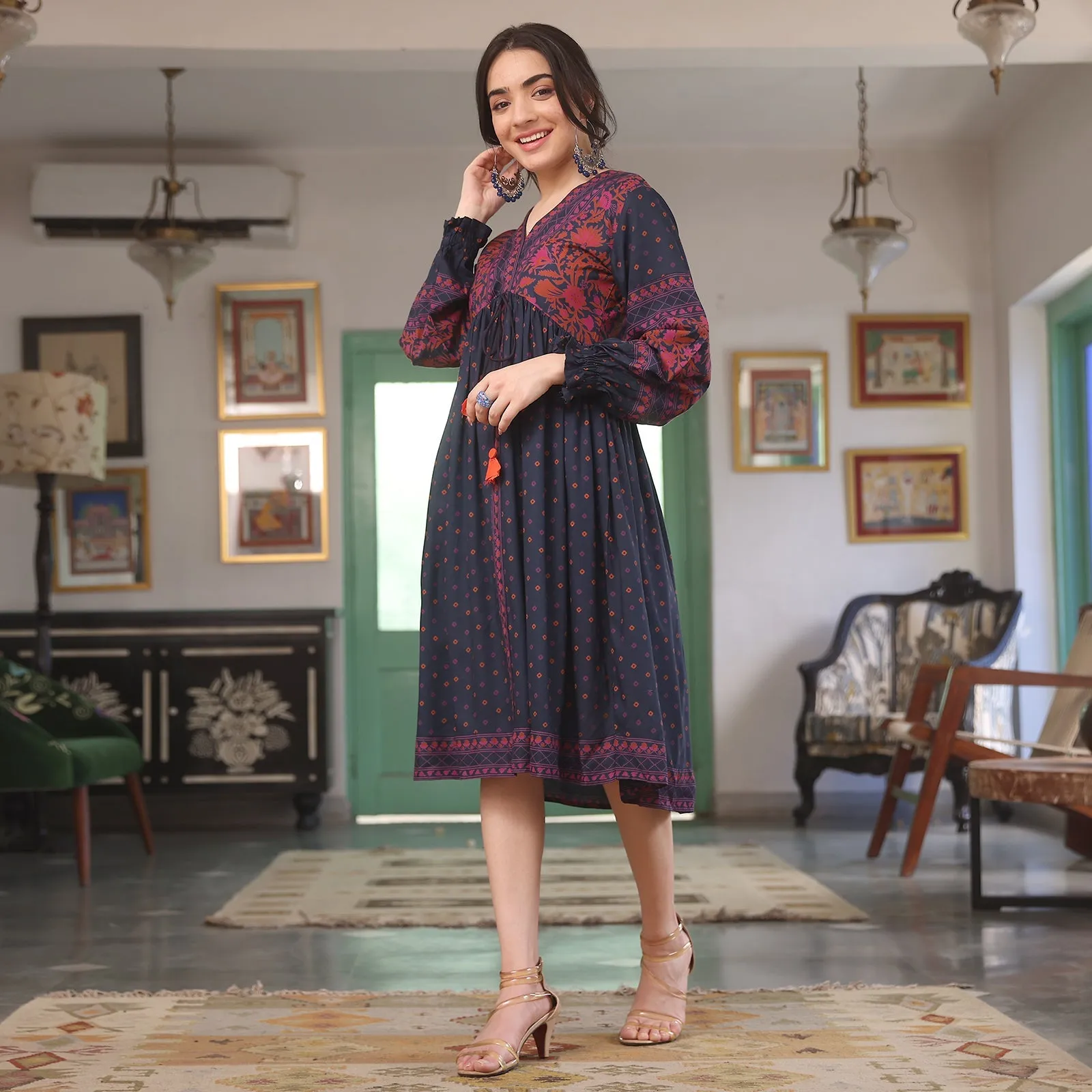 Indigo Printed V-Neck Dress