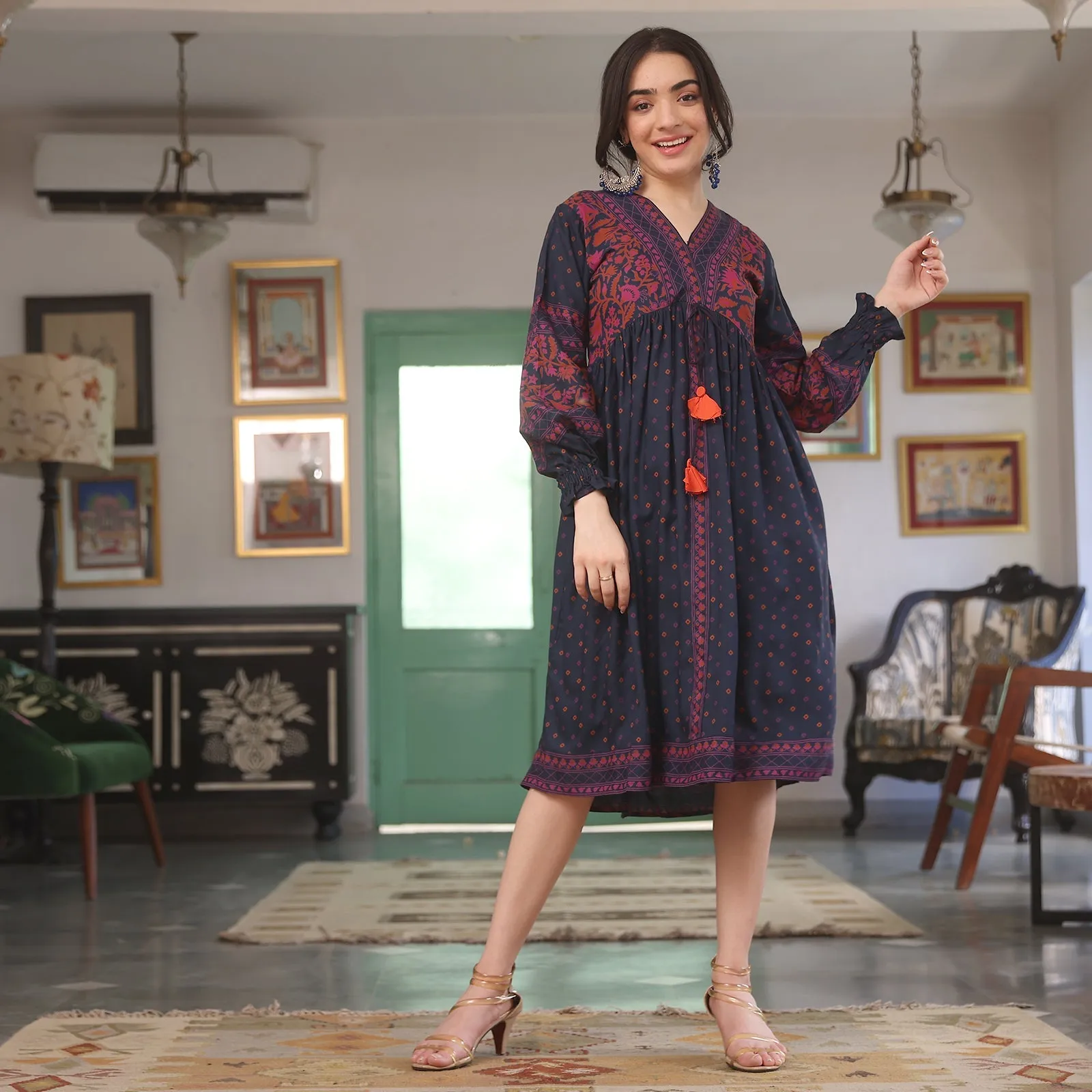 Indigo Printed V-Neck Dress