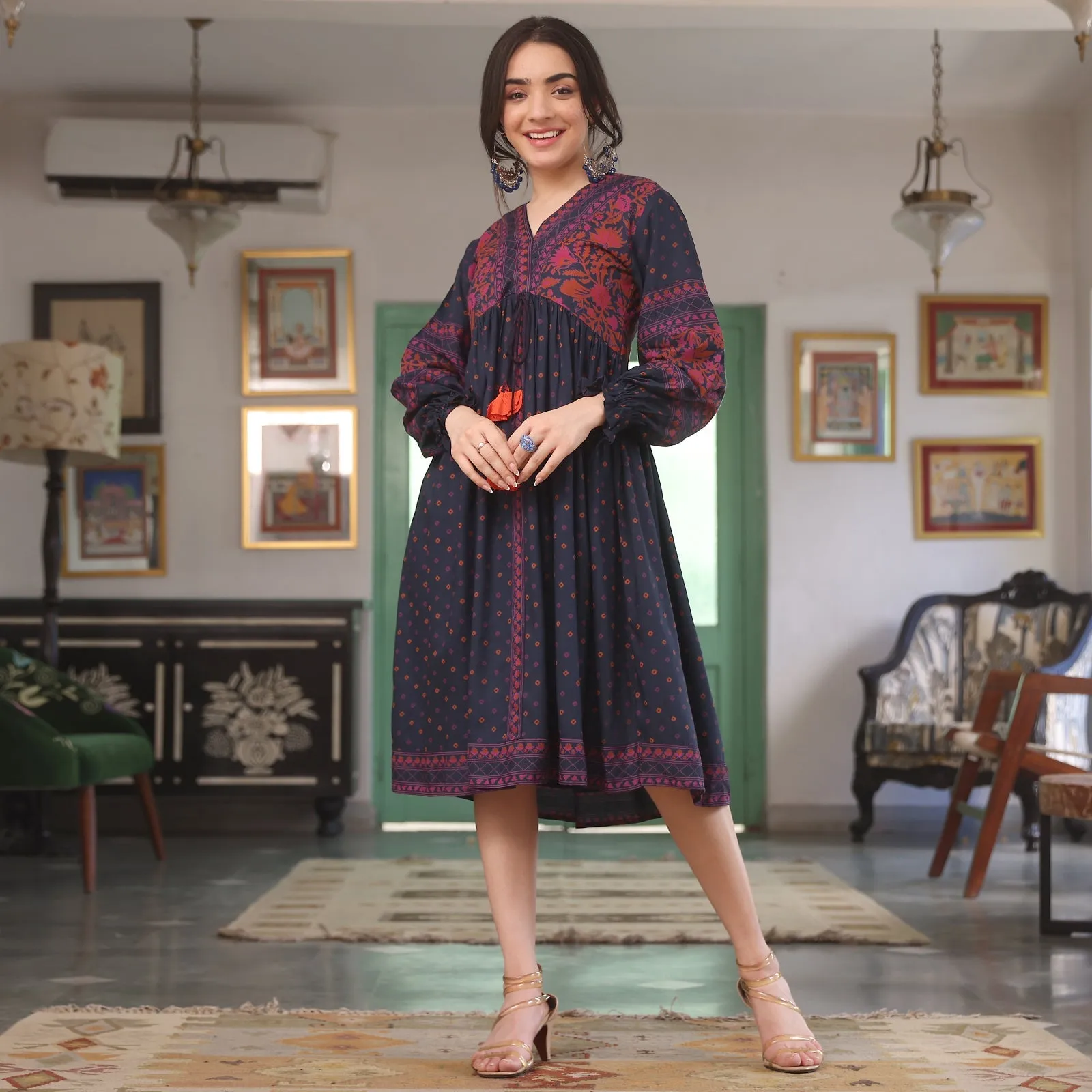 Indigo Printed V-Neck Dress