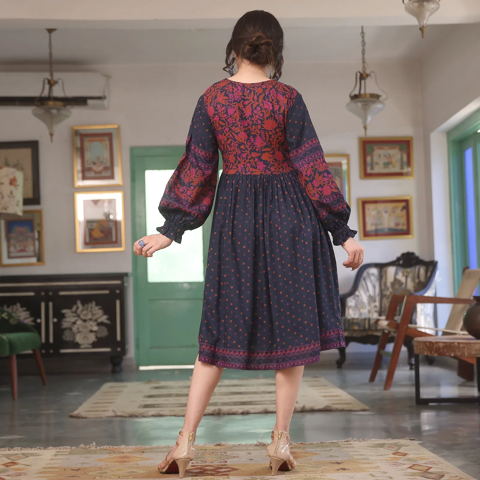 Indigo Printed V-Neck Dress