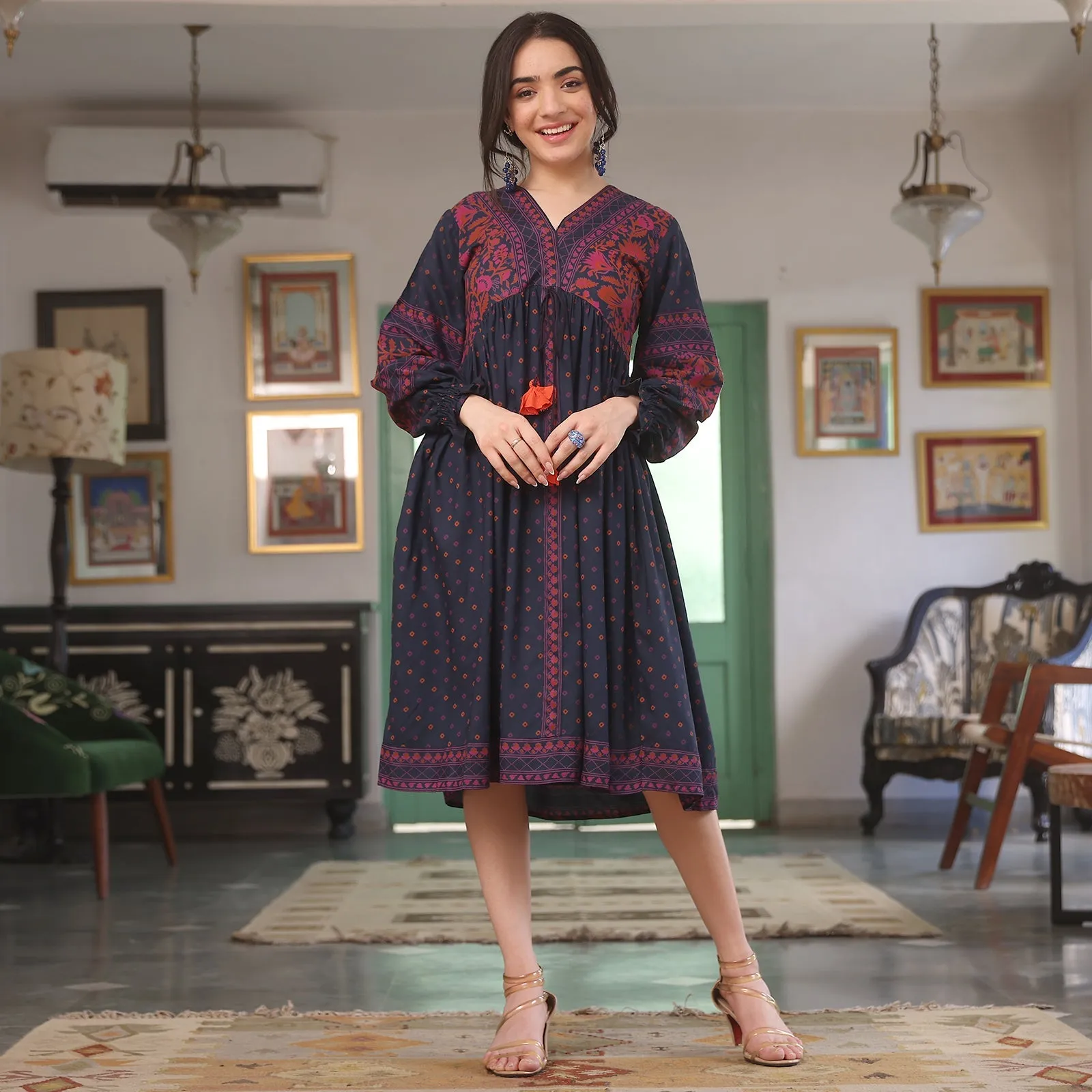 Indigo Printed V-Neck Dress