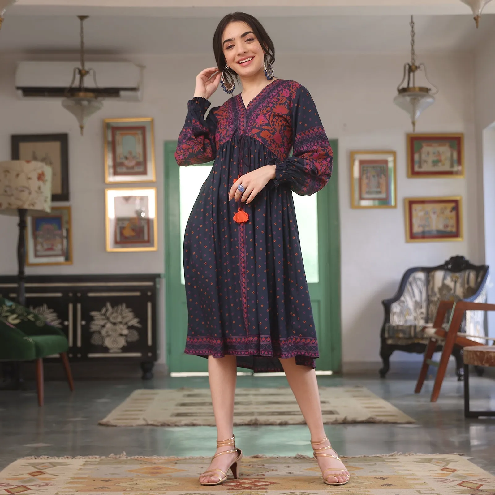 Indigo Printed V-Neck Dress