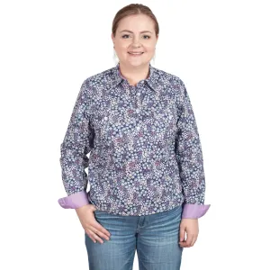 Just Country Womens George Long Sleeve, Half Button - Navy Babies Breath/Orchard