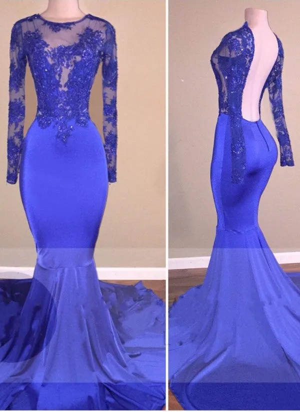 kamahe Royal-Blue Long-Sleeves Open-Back Mermaid Charming Sheer Prom Dresses