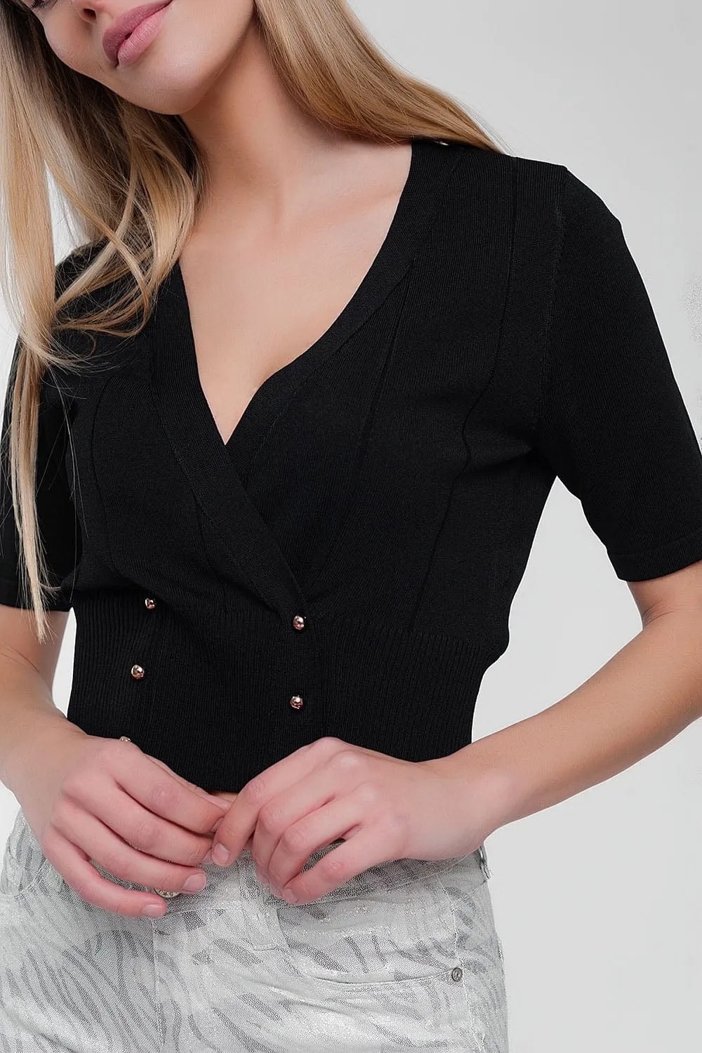Knit Button Through Cardi Top In Black