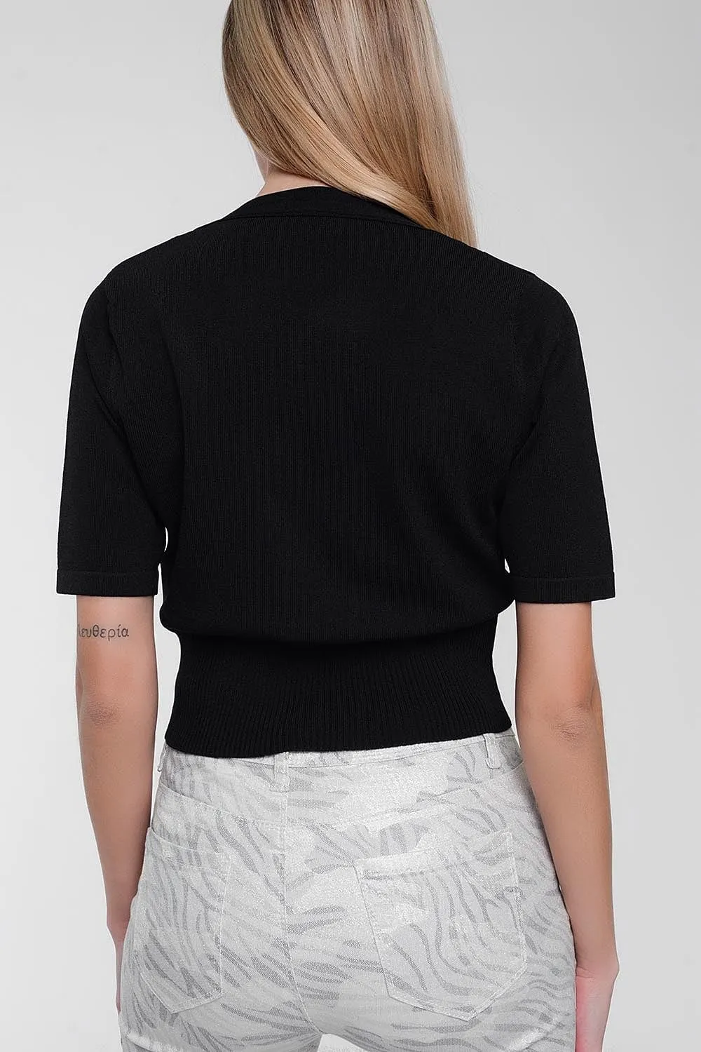 Knit Button Through Cardi Top In Black