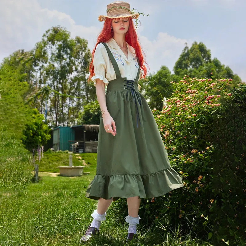Lace Up Ruffle Hem Pinafore Skirt