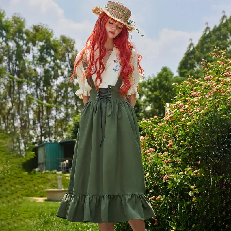 Lace Up Ruffle Hem Pinafore Skirt