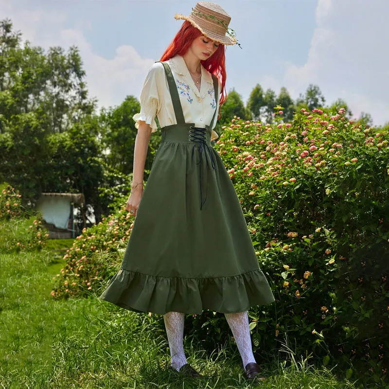 Lace Up Ruffle Hem Pinafore Skirt