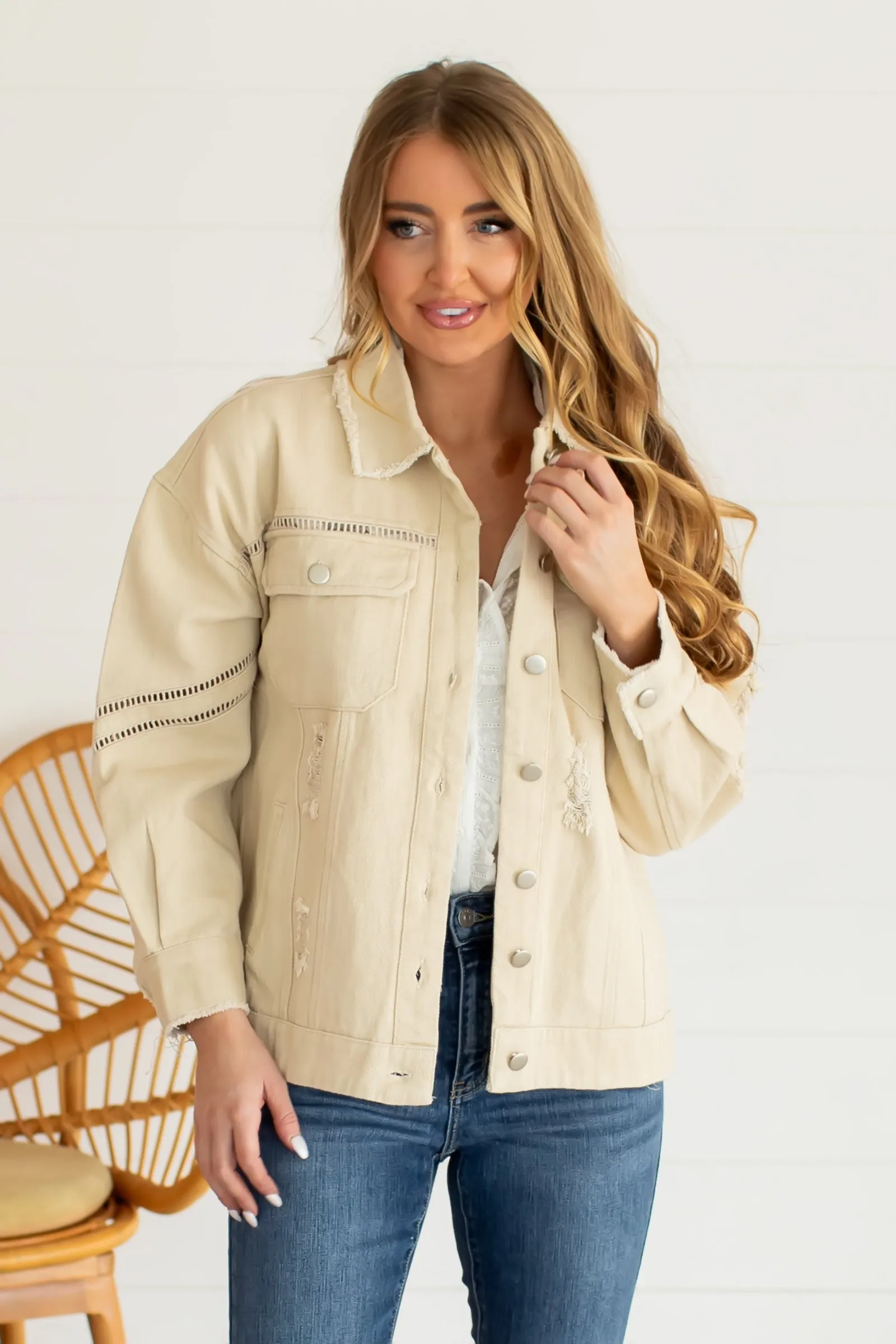 Lead The Way Distressed Jacket - Beige