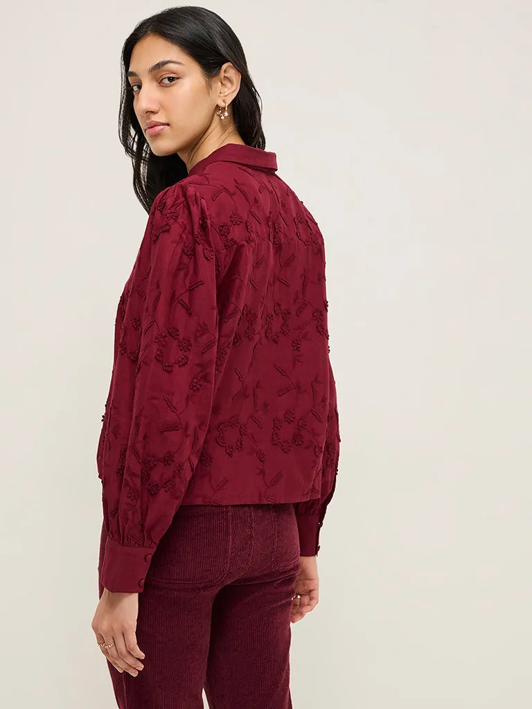 LOV Burgundy Floral Detailed Cotton Shirt