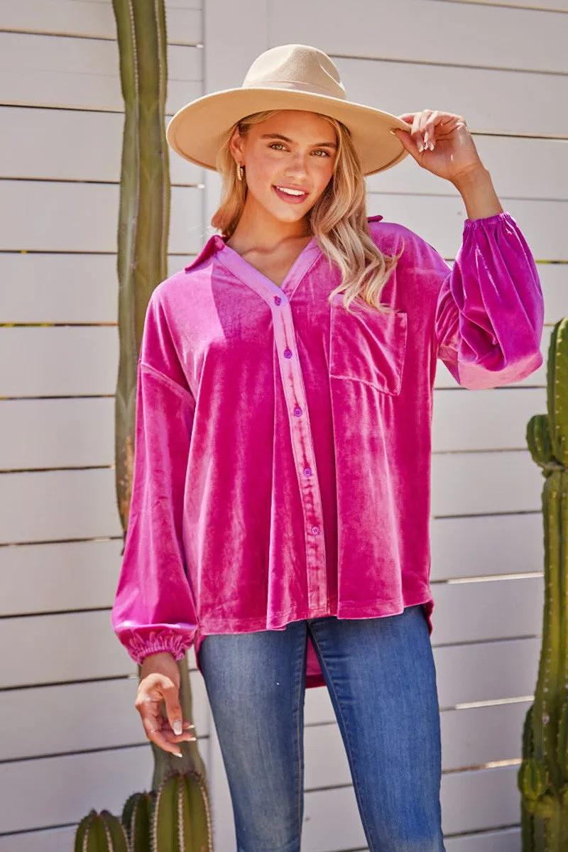 Magenta Velvet Button Down Top