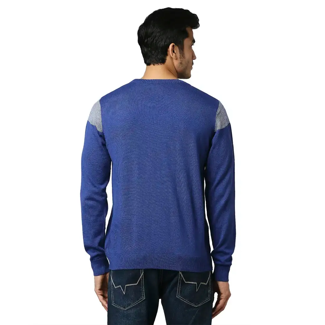 Men Blue Jacquard Acrylic Wool Blend Round Collar Sweaters