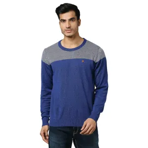 Men Blue Jacquard Acrylic Wool Blend Round Collar Sweaters
