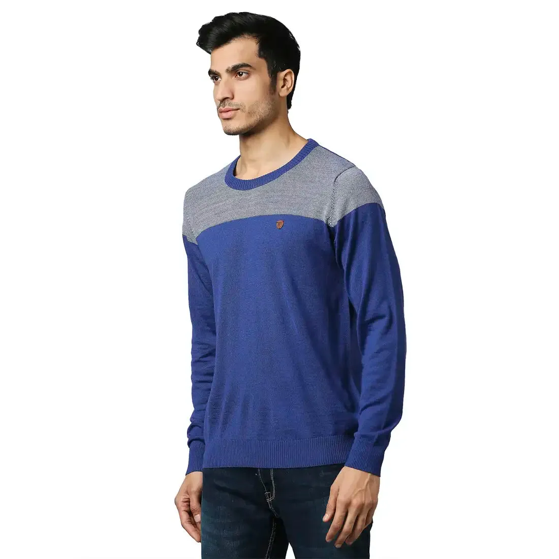 Men Blue Jacquard Acrylic Wool Blend Round Collar Sweaters