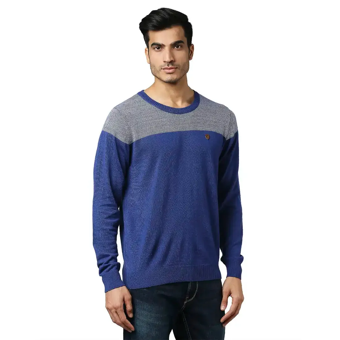 Men Blue Jacquard Acrylic Wool Blend Round Collar Sweaters